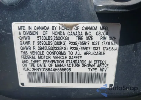 2004 Honda Pilot Ex from USA, damaged, VIN 2HKYF18764H555696
